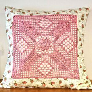 Floral Crochet Accent Pillow - Pink and Cream